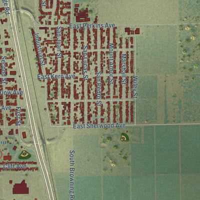 Close-up of the map of McFarland, California print showing street and building detail