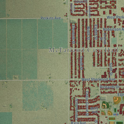 Second close-up of the map of McFarland, California print showing more streets and buildings