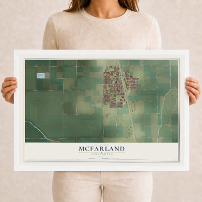 Map of McFarland, California, 12 x 18 inch print in a white wood frame