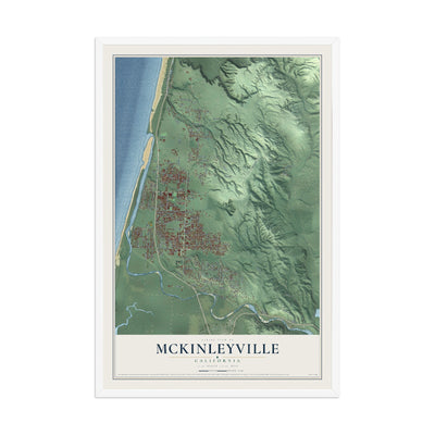 Map of McKinleyville, California, 12 x 18 inch print in a white wood frame