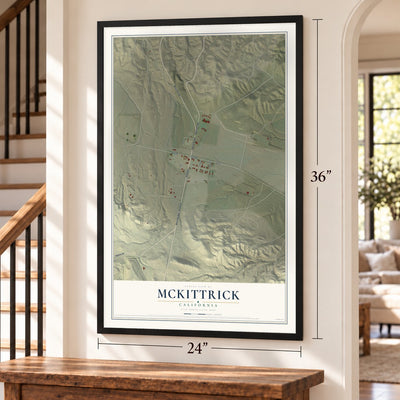 McKittrick, California map, 24 x 36 inch print in a black frame by a staircase
