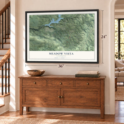 Meadow Vista, California map, 24 x 36 inch print in a black frame above a dresser by a staircase