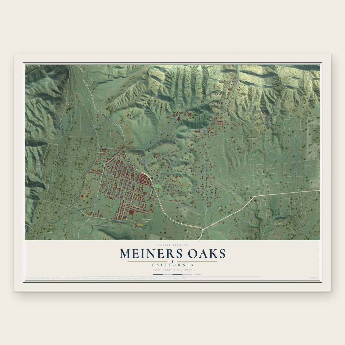 Meiners Oaks, California map print, the full design
