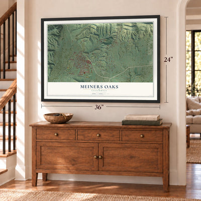 Meiners Oaks, California map, 24 x 36 inch print in a black frame above a dresser by a staircase