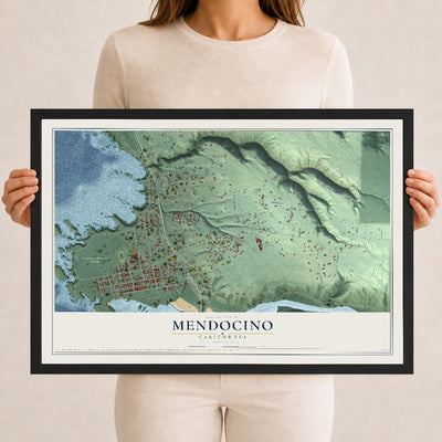 Map of Mendocino, California, 12 x 18 inch print in a black wood frame