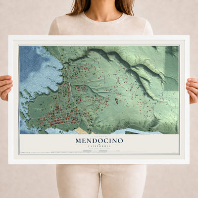 Map of Mendocino, California, 18 x 24 inch print in a white wood frame