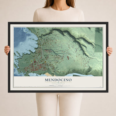 Map of Mendocino, California, 24 x 36 inch print in a black wood frame