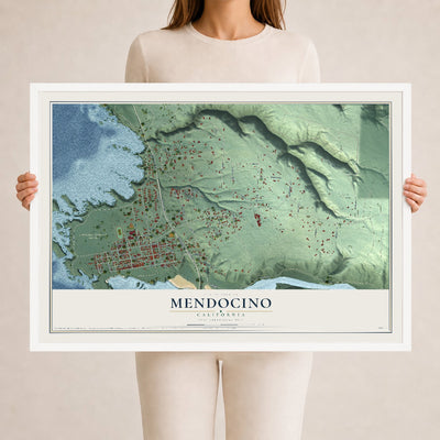 Map of Mendocino, California, 24 x 36 inch print in a white wood frame