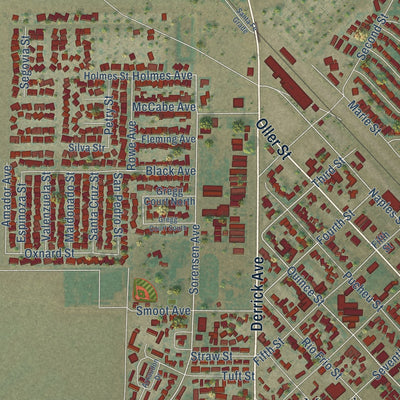 Close-up of the map of Mendota, California print showing street and building detail