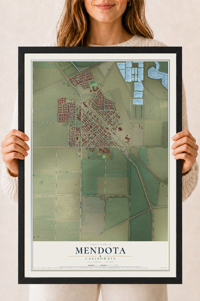 Map of Mendota, California, 18 x 24 inch print in a black wood frame
