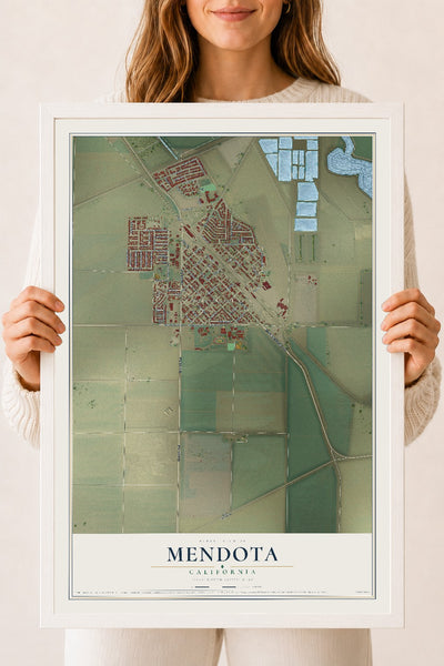 Map of Mendota, California, 18 x 24 inch print in a white wood frame