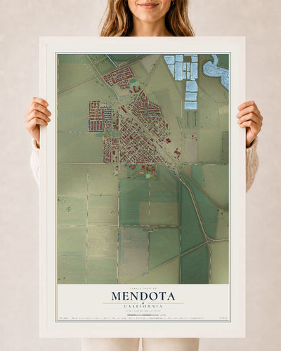 Map of Mendota, California, 24 x 36 inch print in a white wood frame