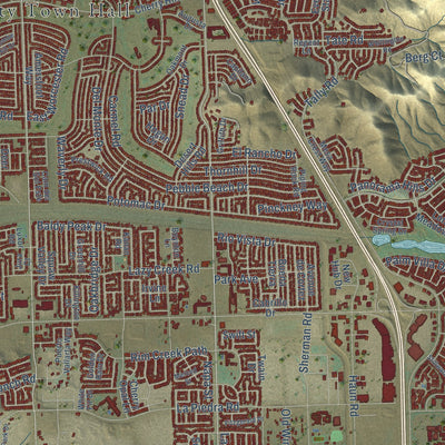 Close-up of the map of Menifee, California print showing street and building detail
