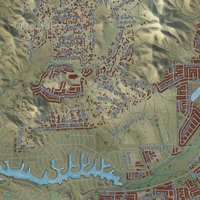 Second close-up of the map of Menifee, California print showing more streets and buildings