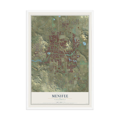 Map of Menifee, California, 12 x 18 inch print in a white wood frame