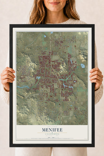 Map of Menifee, California, 18 x 24 inch print in a black wood frame