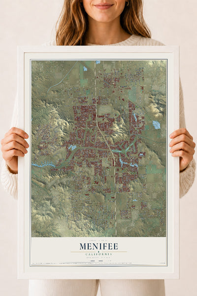 Map of Menifee, California, 18 x 24 inch print in a white wood frame