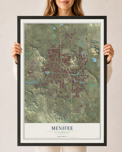 Map of Menifee, California, 24 x 36 inch print in a black wood frame