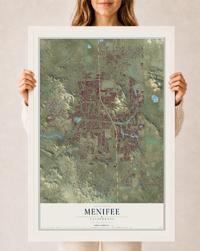 Map of Menifee, California, 24 x 36 inch print in a white wood frame