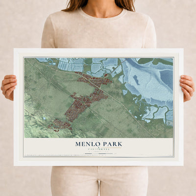Map of Menlo Park, California, 12 x 18 inch print in a white wood frame