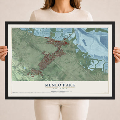 Map of Menlo Park, California, 18 x 24 inch print in a black wood frame
