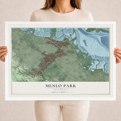 Map of Menlo Park, California, 18 x 24 inch print in a white wood frame