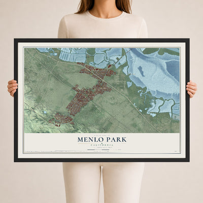 Map of Menlo Park, California, 24 x 36 inch print in a black wood frame