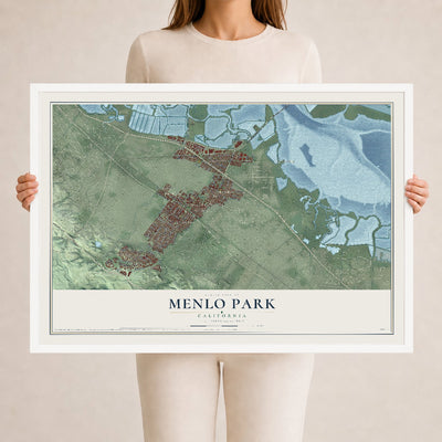 Map of Menlo Park, California, 24 x 36 inch print in a white wood frame