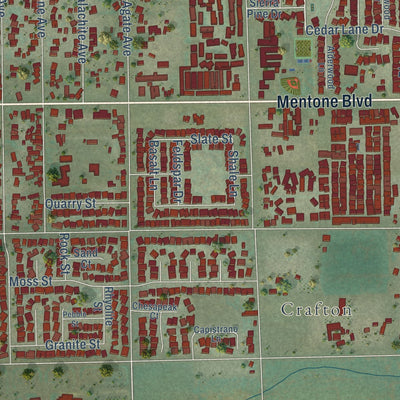 Close-up of the map of Mentone, California print showing street and building detail