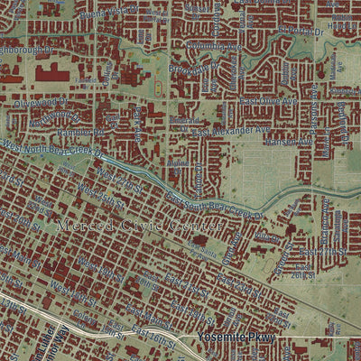 Close-up of the map of Merced, California print showing street and building detail