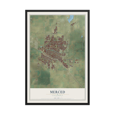 Map of Merced, California, 12 x 18 inch print in a black wood frame