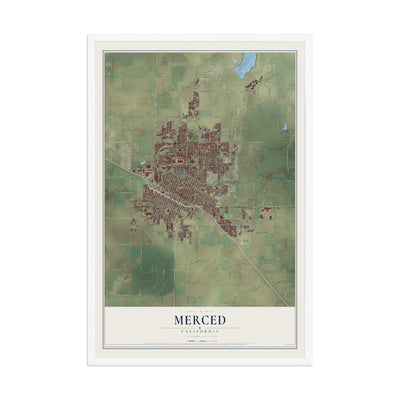 Map of Merced, California, 12 x 18 inch print in a white wood frame