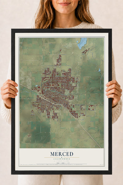 Map of Merced, California, 18 x 24 inch print in a black wood frame