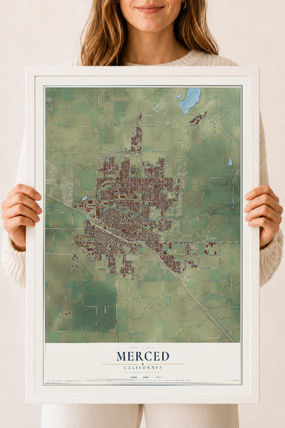 Map of Merced, California, 18 x 24 inch print in a white wood frame
