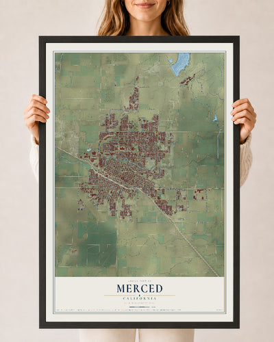 Map of Merced, California, 24 x 36 inch print in a black wood frame