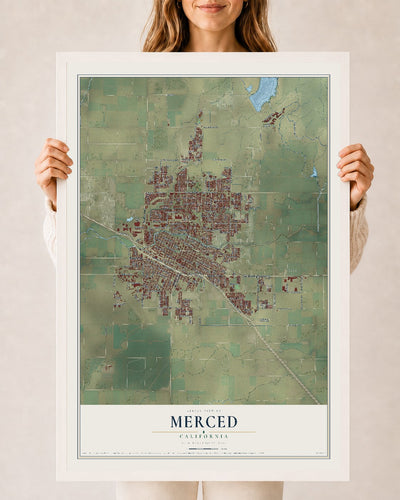 Map of Merced, California, 24 x 36 inch print in a white wood frame