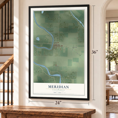 Meridian, California map, 24 x 36 inch print in a black frame by a staircase