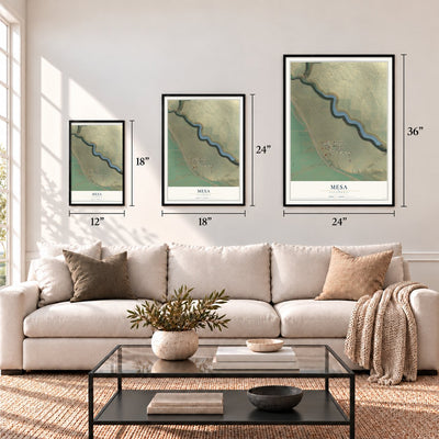 Mesa, California map in 12 x 18, 18 x 24 and 24 x 36 inch sizes above a sofa