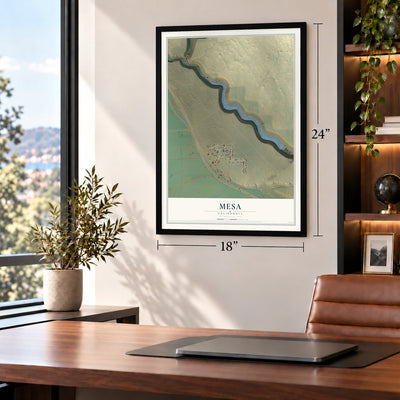 Mesa, California map, 18 x 24 inch print in a black frame in a home office