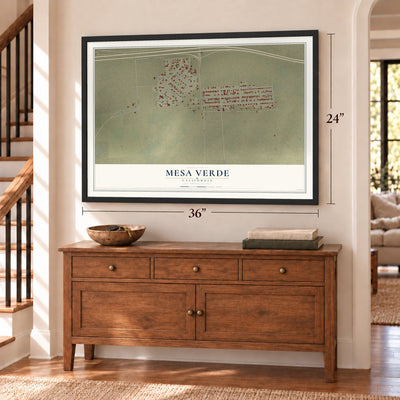 Mesa Verde, California map, 24 x 36 inch print in a black frame above a dresser by a staircase