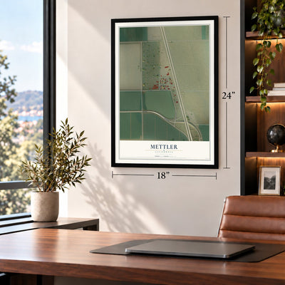 Mettler, California map, 18 x 24 inch print in a black frame in a home office