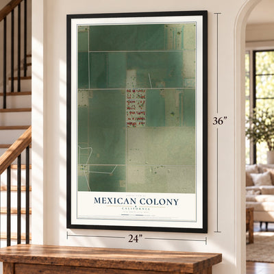 Mexican Colony, California map, 24 x 36 inch print in a black frame by a staircase