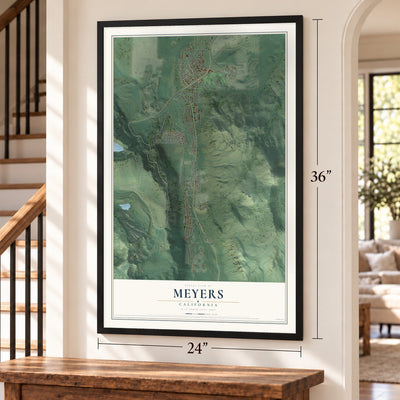 Meyers, California map, 24 x 36 inch print in a black frame by a staircase