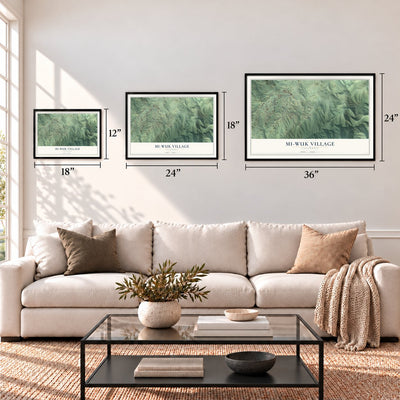 Mi-Wuk Village, California map in 12 x 18, 18 x 24 and 24 x 36 inch sizes above a sofa