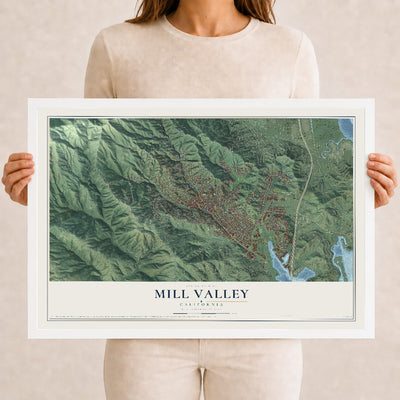 Map of Mill Valley, California, 12 x 18 inch print in a white wood frame
