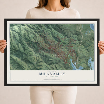 Map of Mill Valley, California, 18 x 24 inch print in a black wood frame