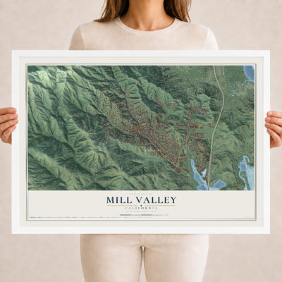 Map of Mill Valley, California, 18 x 24 inch print in a white wood frame