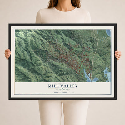 Map of Mill Valley, California, 24 x 36 inch print in a black wood frame