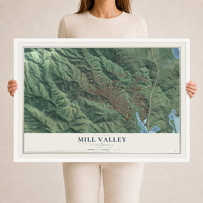Map of Mill Valley, California, 24 x 36 inch print in a white wood frame