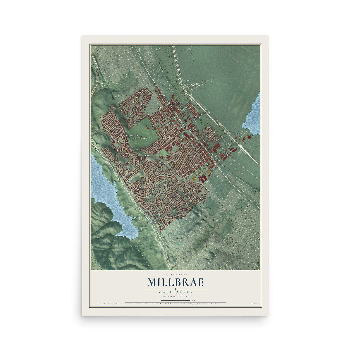 Map of Millbrae, California, 12 x 18 inch unframed archival matte print